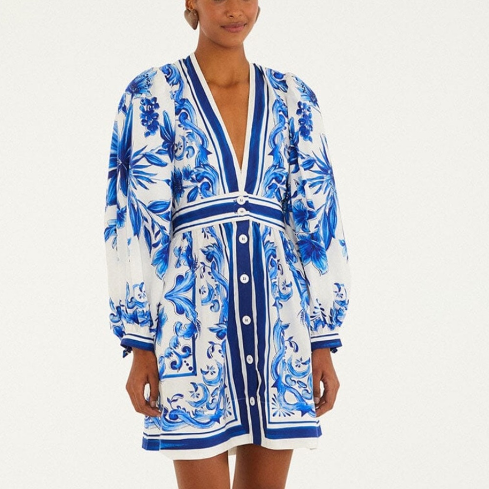 FARM Rio Blue and White Long Sleeve Dress